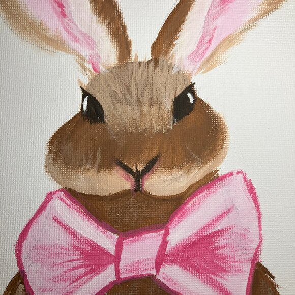 Original 8x10 Bunny Painting • Pink Bow • Cute Cottagecore Wall Art Whimsical - Picture 2 of 8